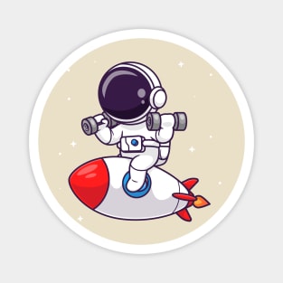 Cute Astronaut Lifting Dumbbell On Rocket Cartoon Magnet